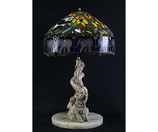 BRONZE POLAR BEAR WITH STAINED GLASS SHADE LAMP