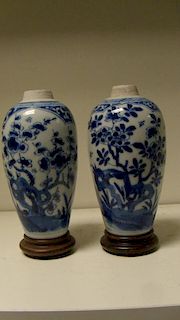 Two similar blue and white vases, period of Kangxi, each of the ovoid bodies painted with two reserv