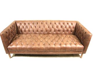 CONTEMPORARY BROWN LEATHER BUTTON TUFTED SOFA