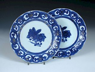 A pair of 18th century Merian blue and white plates painted with specimen flowers within a guilloche
