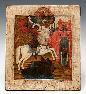 Russian school, first half of the 16th century.
"Saint George slaying the dragon".
Tempera on panel.