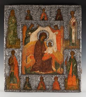 Russian school, 17th century. Silver oklad, 17th century.
"Mother of God with Infant Jesus and selected saints".
Tempera on panel.