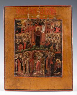 Russian school, probably of the Old Believers, 17th-18th cent. 17TH-18TH CENTURY.
"The Protection of the Mother of God", or "The Virgin of Pokrov".
Te