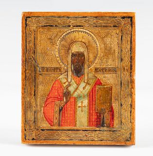 Russian School, 19th century.
"St. Peter Metropolitan of Moscow".
Tempera and gold leaf on panel.