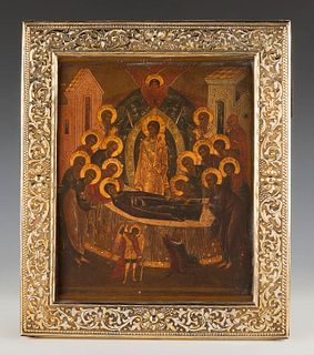 Russian school, 17th century.
"Dormition of the Mother of God.
Tempera on panel.