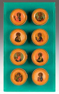 Russian school, 18th-19th century.
"Decorative plates depicting eight saints.
Tempera on ceramic.