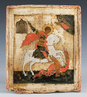Icon from Central Russia, late 16th - early 17th century.
"Saint George fighting the dragon".
Tempera and levkas on wood.