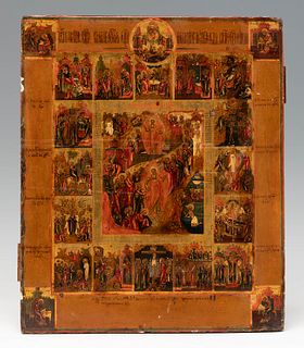 Russian School of Old Believers, late 18th century.
"Resurrection of Christ, Christ's Descent into Hell, with 16 hagiographic scenes".
Tempera on pane