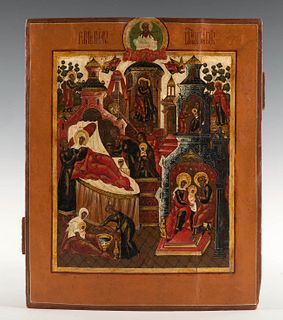 Russian school, 18th-19th cent. 18TH-19TH C.
"The Birth of the Virgin.
Tempera on panel.