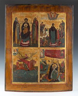 Russian school, Old Believers' workshops, probably Mstera school, 18th-19th cent. 18TH-19TH C.
Four sacred scenes. The Mother of God, The Virgin of So