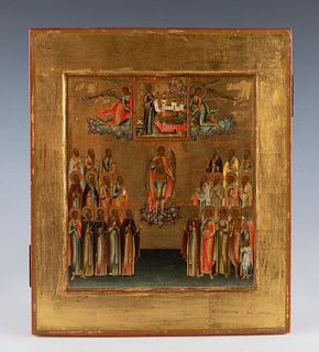 Russian school, ca. 1906.
"Icon of the Archangel Michael surrounded by an assembly of saints and crowned by the Mother of God Bogoliubovskaya".
Temper