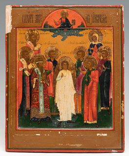 Russian school, workshops of the Old Believers, 19th century.
"Guardian Angel with selected saints".
Tempera on panel.