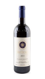 A bottle of Sassicaia, vintage 2015. Category: Red wine. DO Bolgheri Sassicaia, Italy. Level: A.