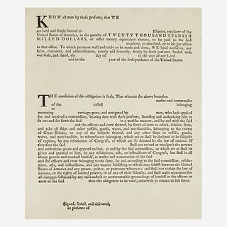 [American Revolution] [Franklin, Benjamin] Printed Privateers Bond Form