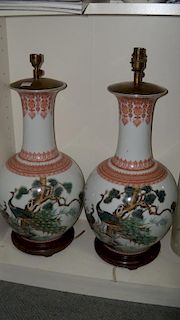 A pair of Republic period vases as electric lamps, the necks and shoulders printed in red with jewel