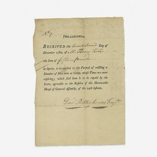 [American Revolution] Rittenhouse, David Partially-Printed Document, signed
