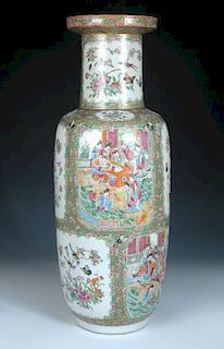 A 19th century Canton vase, the cylindrical neck above a rounded cylindrical body painted with three
