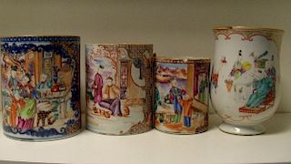 Three mandarin palette mugs circa 1800 and another older, each of the first of cylindrical shape and