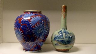 A late 19th century Fukugawa ovoid vase together with a bottle vase, the ovoid sides painted with bl