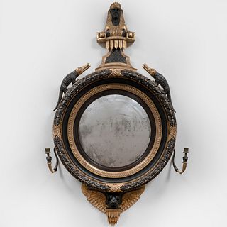 Rare Regency Painted and Parcel-Gilt Convex Girandole Mirror, in the Egyptian Revival Taste