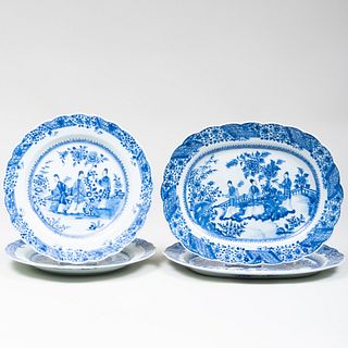 Pair of Chinese Export Blue and White Porcelain Platters and a Pair of Chargers