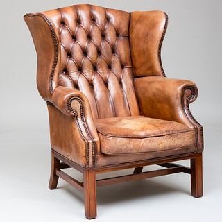 George III Style Mahogany and Leather Wingback Chair