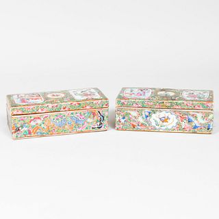 Pair of Chinese Export Canton Famille Rose Porcelain Boxes
