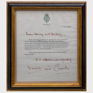 Framed Thank You Letter from Prince Charles and Camilla Duchess of Cornwall