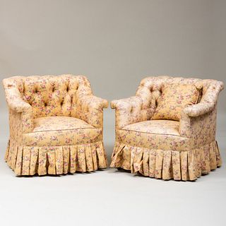 Pair of Cotton Chintz Tufted Upholstered Club Chairs