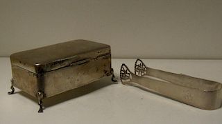 Hung Chong, a silver jewellery box together with a pair of sugar nips, the hinged rectangular lid of