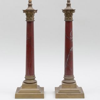 Pair of Gilt-Metal-Mounted Marble Columnar Table Lamps