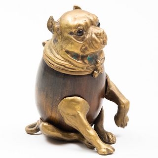 Arthur Court Brass Mounted Wood Pug Form Inkwell