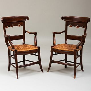 Pair of French Provincial Stained Fruitwood and Rush Armchairs