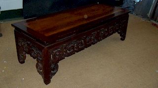 A 19th century coffee table, the rectangular top above pierced and carved scroll apron joining the s