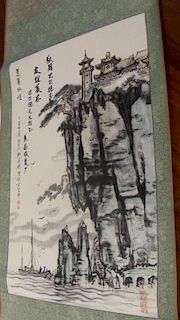 A 20th century scroll painting of the Penglai pavilion on its cliff top in Shandong province, with b