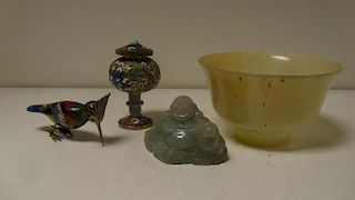 A hardstone bowl, a Budai, a cloisonne hoopoe and a covered vase, the pale green bowl translucent,10