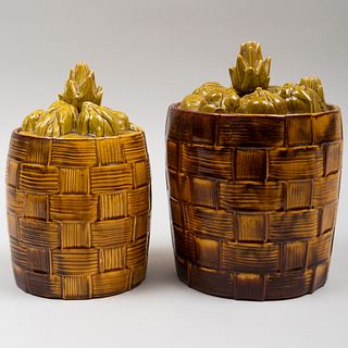 Two Glazed Ceramic Baskets of Artichoke Form Cannisters