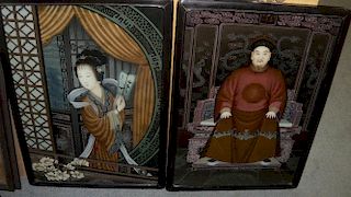 Two 20th century reverse glass paintings, one of a lady holding a fan and framed buy the drapes to a