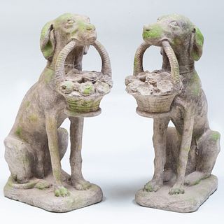 Pair of Composition Dogs with Flower Baskets