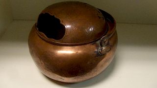 A 19th century copper hand warmer and cover, the bun shaped sides with round arch panels of peonies,