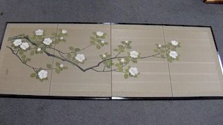 A 20th century four fold table screen, signed Kempo, painted in the Rimpa style with white camelias