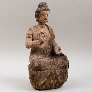 Asian Polychromed Wood Figure of Seated Buddha