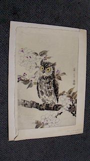 Elichi Kotozuka (Japanese, 19-20th Century) Owl and cherry blossoms woodblock on hand-made paper 42
