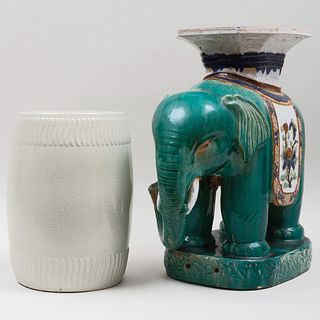 Asian Glazed Pottery Elephant Form Garden Seat and a Celadon Crackle Glazed Drum Form Garden Seat