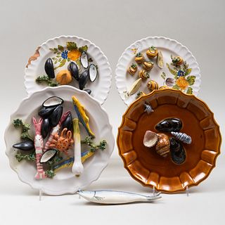 Group of Four Italian Ceramic Tromp L'Oeil Models of Crustaceans on Plates and a Model of a Sardine