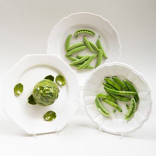 Group of Three Este Ceramic Tromp L'Oeil Models of Vegetables on Plates