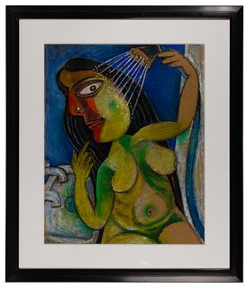 Paritosh Sen (Indian, 1918-2008) 'Woman Under Shower' Gouache on Paper