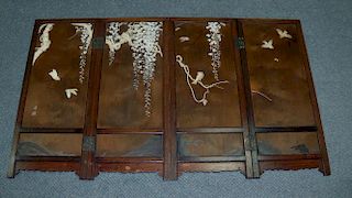 An early 20th century four fold table screen, the upper wood panels inlaid on one side with birds am