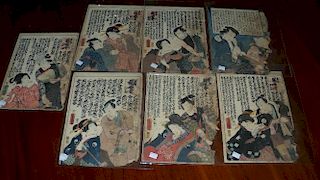 Toyokuni III, seven wood block prints, of pairs of actors with script above, oban, unframed (7) <br>