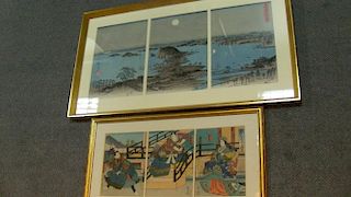 Hiroshige and Yoshitaki(1841-1899) two triptych woodblock prints, the first of pine trees on a coast
